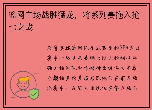 篮网主场战胜猛龙，将系列赛拖入抢七之战