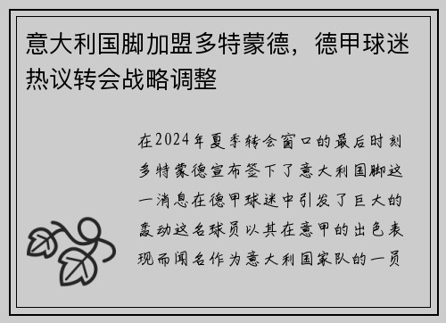 意大利国脚加盟多特蒙德，德甲球迷热议转会战略调整