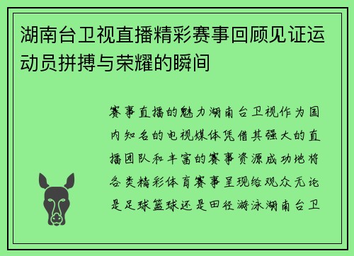 湖南台卫视直播精彩赛事回顾见证运动员拼搏与荣耀的瞬间