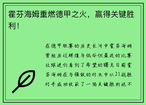 霍芬海姆重燃德甲之火，赢得关键胜利！