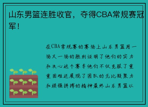 山东男篮连胜收官，夺得CBA常规赛冠军！