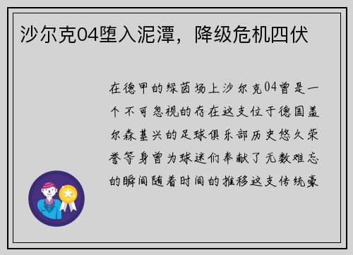 沙尔克04堕入泥潭，降级危机四伏